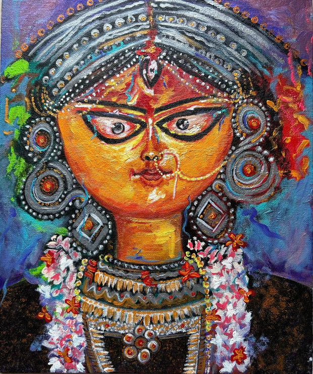 Maa Durga (ART-3134-113715) - Handpainted Art Painting - 10in X 12in