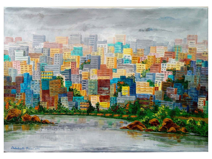 city scaoe, Landscape and Seascape Paintings, trees, building, multicolor painting