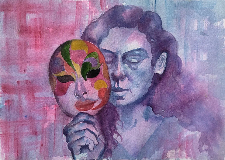 Women Thought. (ART-16757-113821) - Handpainted Art Painting - 14in X 10in