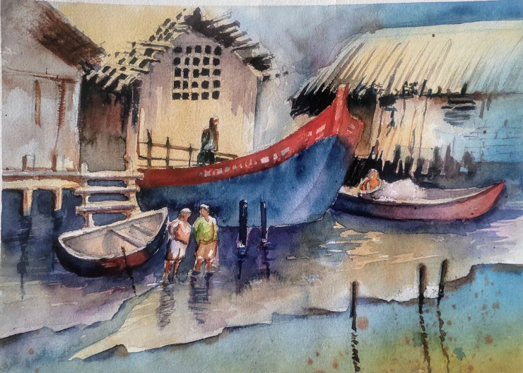Boat And Home In River Painting (ART-16757-113825) - Handpainted Art Painting - 14in X 10in