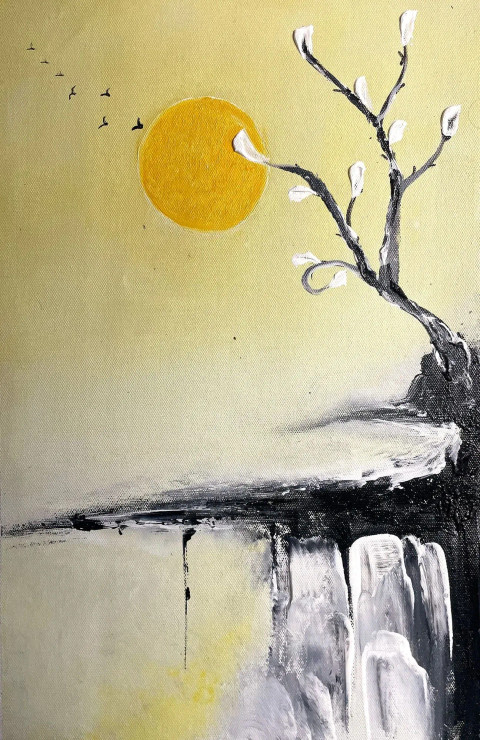 Golden Solitude - Abstract Sunset Painting (ART-17270-113700) - Handpainted Art Painting - 36in X 60in