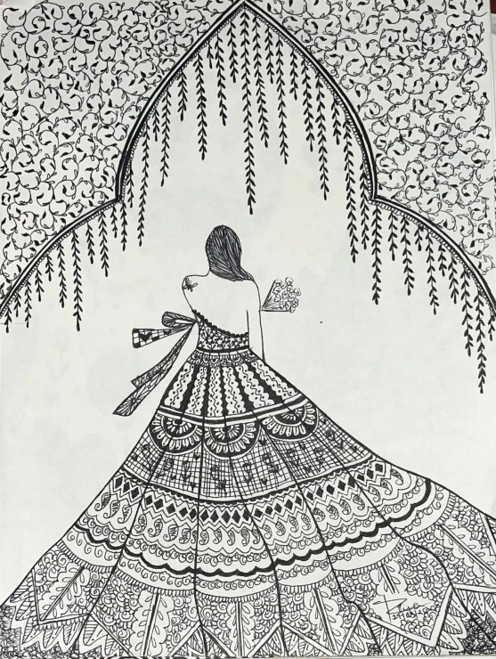 Someone’s Dream Lehenga & Location (ART-17230-113805) - Handpainted Art Painting - 8in X 11in