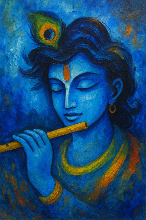 Krishna With Flute (PRT-8645-113896) - Canvas Art Print - 12in X 18in