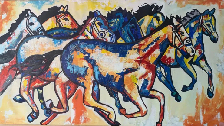 "The Seven Running Horses" (ART-17307-113906) - Handpainted Art Painting - 96in X 48in