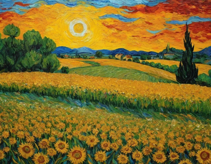 Nature's Heaven Sunrise Sunflowers Field Landscape Scenery Painting (ART-3319-113870) - Handpainted Art Painting - 48in X 36in