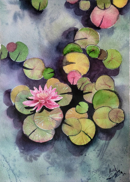 Lotus Flower Painting (ART-16757-113899) - Handpainted Art Painting - 10in X 14in