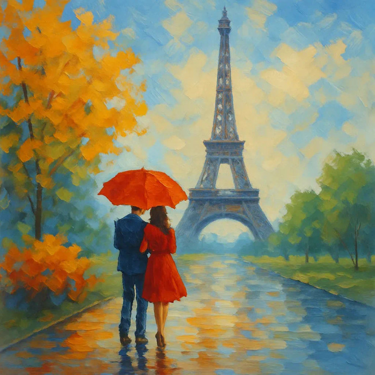 Couple At Eiffel Tower (PRT-8645-113971) - Canvas Art Print - 18in X 18in