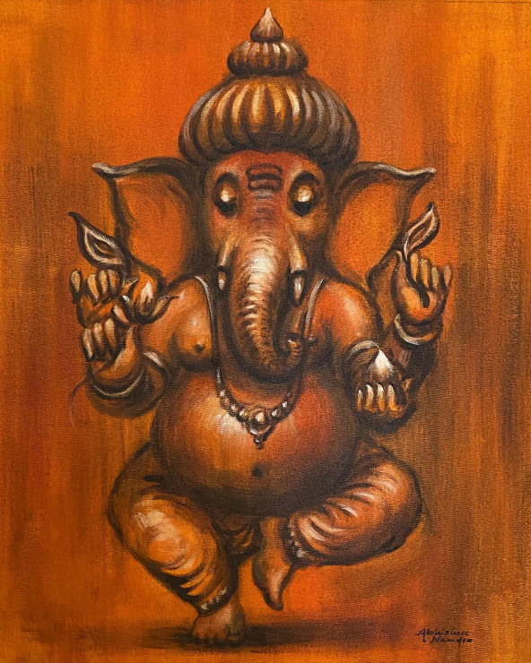 Ganesha (ART-3512-113985) - Handpainted Art Painting - 15in X 17in