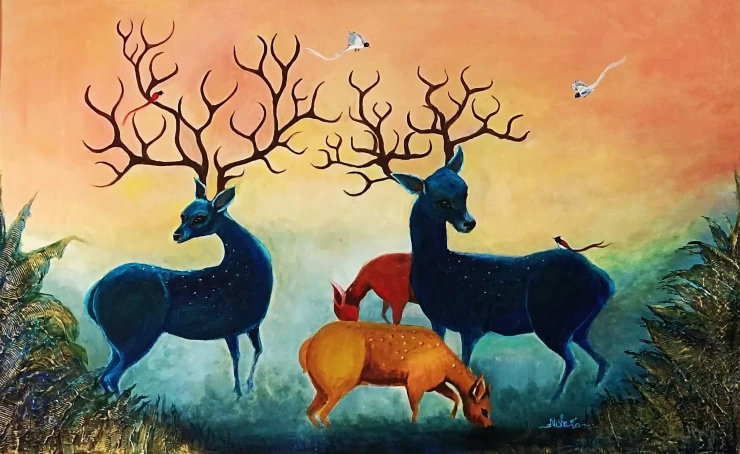 TRIUMPH OF HORNS (ART-17306-114005) - Handpainted Art Painting - 38in X 24in