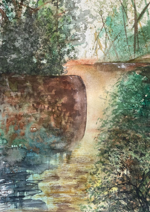 Water Flows Through The Cliff (ART-8841-114052) - Handpainted Art Painting - 8in X 11in