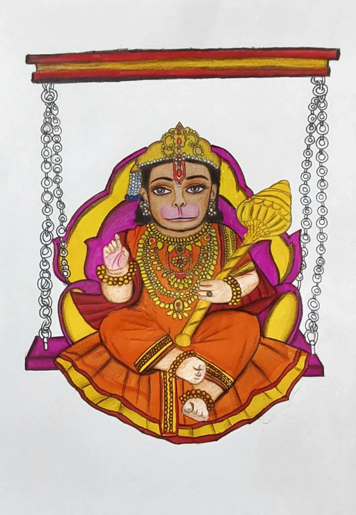 Lord  Hanuman (ART-15368-114076) - Handpainted Art Painting - 8in X 11in