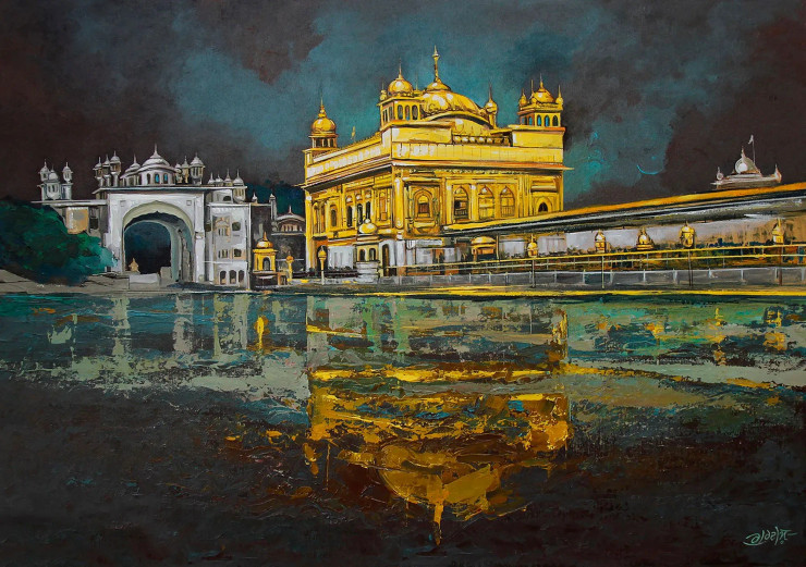 Darbar Sahib- Punjabi Painting (ART-2571-113573) - Handpainted Art Painting - 42in X 28in