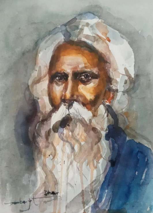Rabindranath Tagore (ART-17209-114118) - Handpainted Art Painting - 11in X 15in