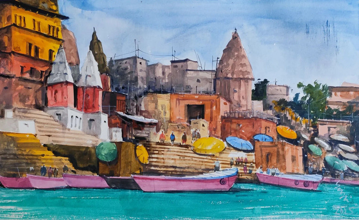 Banaras Ghat (ART-7901-114121) - Handpainted Art Painting - 22in X 13in