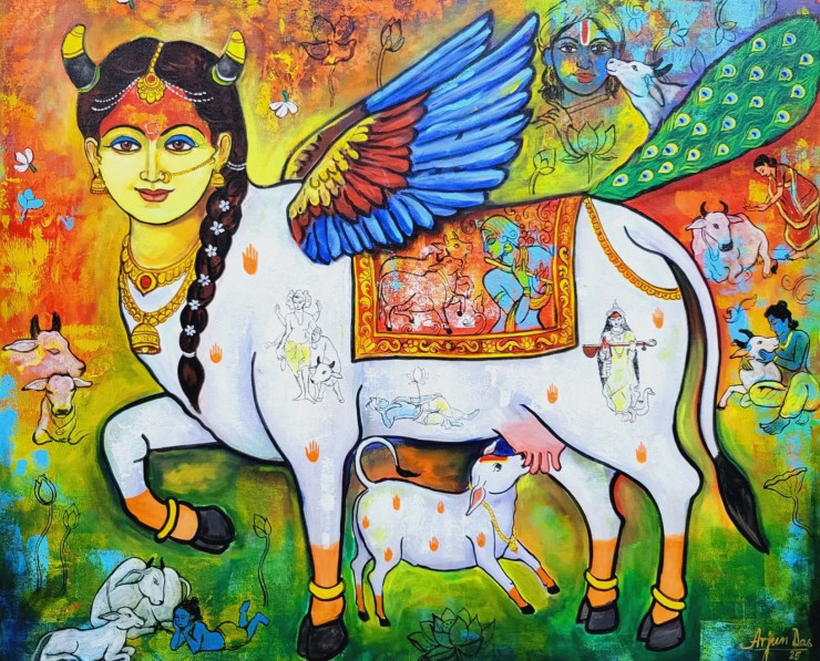 KAMDHENU (ART-82-114129) - Handpainted Art Painting - 42in X 36in