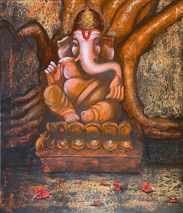 Ganesha (ART-5220-114135) - Handpainted Art Painting - 30in X 36in