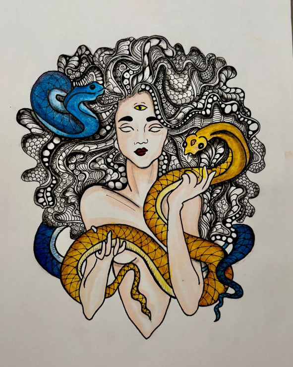 Medusa Mandala Drawing (ART-17309-114141) - Handpainted Art Painting - 8in X 12in