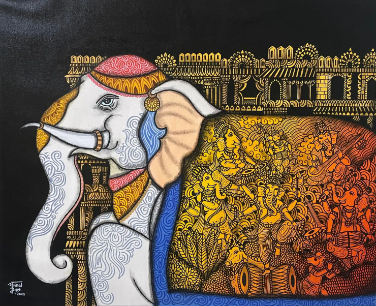 Mangalmurti- Ganesha Musical Forms (ART-7129-114138) - Handpainted Art Painting - 39in X 32in
