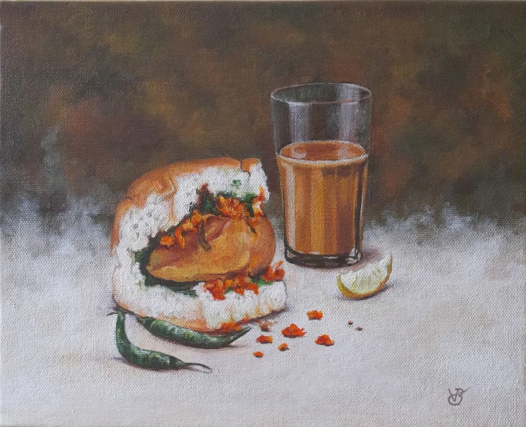 Vada Pav( Mumbai Mornings) (ART-8857-114215) - Handpainted Art Painting - 11in X 9in