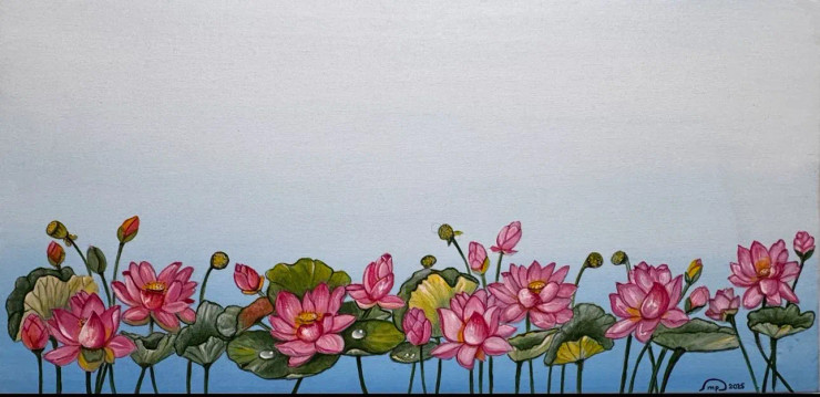 The Lotus Garden (ART-8370-114170) - Handpainted Art Painting - 24in X 12in