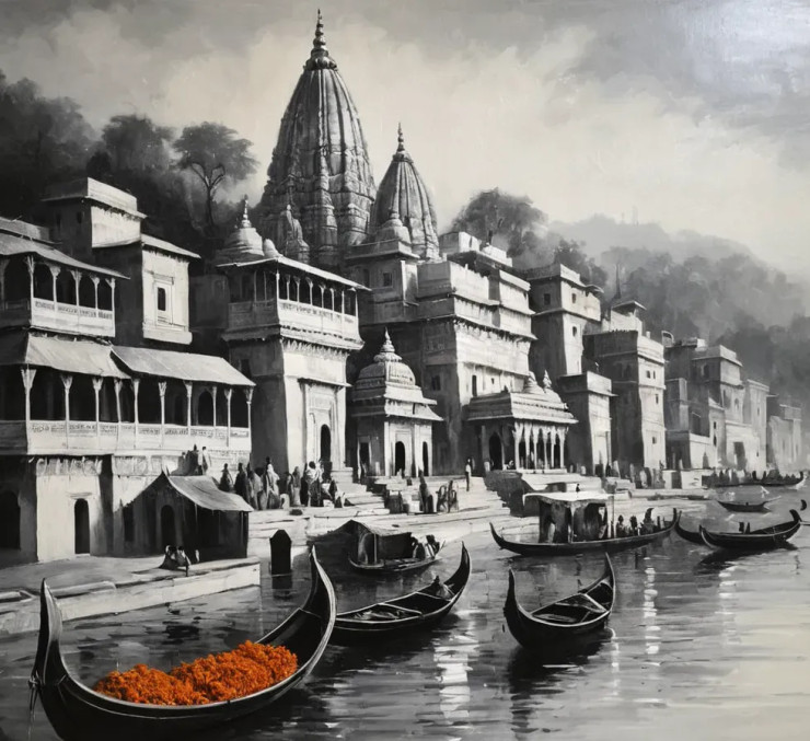 Banaras Ghat Paintings (ART-3319-114173) - Handpainted Art Painting - 36in X 36in
