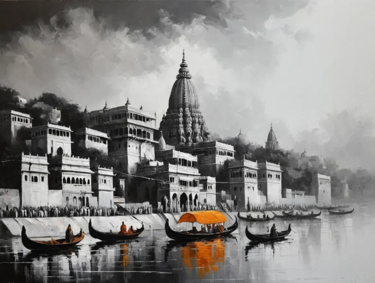Banaras Ghat Paintings (ART-3319-114174) - Handpainted Art Painting - 48in X 36in