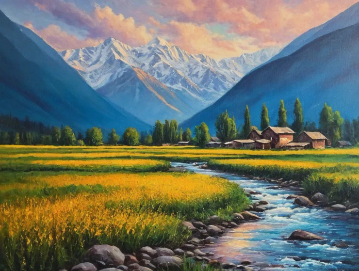 Mountains Scenery Landscape Painting (ART-3319-114349) - Handpainted Art Painting - 48in X 30in