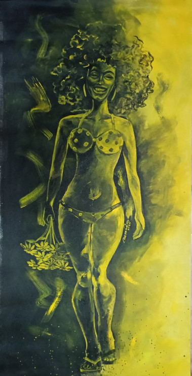 Radiant Sunshine Walk – Confident Black Woman Acrylic Art On Canvas (ART-3674-114314) - Handpainted Art Painting - 24in X 48in