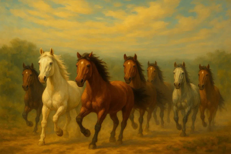 7 Running Horses Painting (ART-3319-114296) - Handpainted Art Painting - 48in X 24in