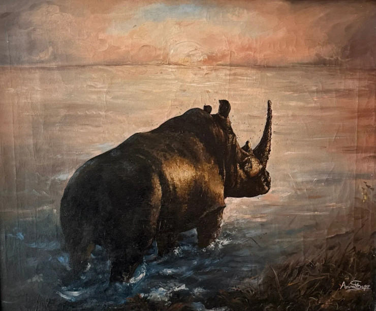 RISING RHINO (ART-17424-114412) - Handpainted Art Painting - 35in X 29in