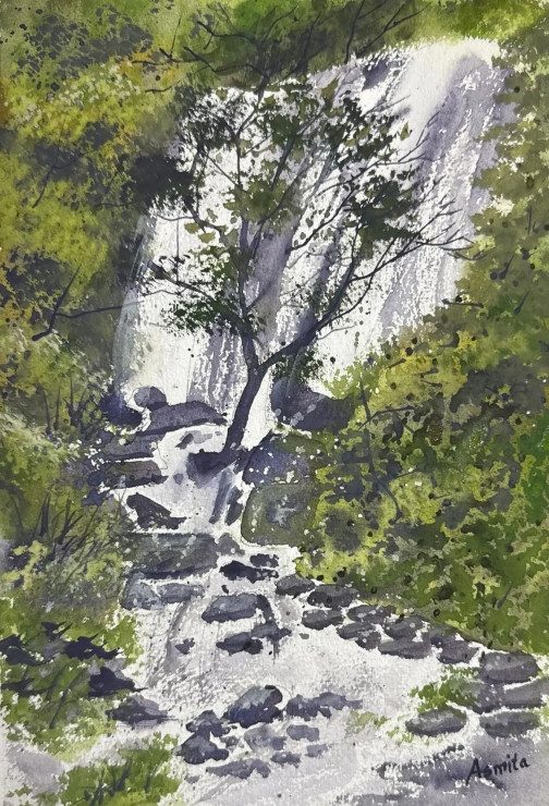 Temghar Waterfalls (ART-8127-114408) - Handpainted Art Painting - 8in X 12in