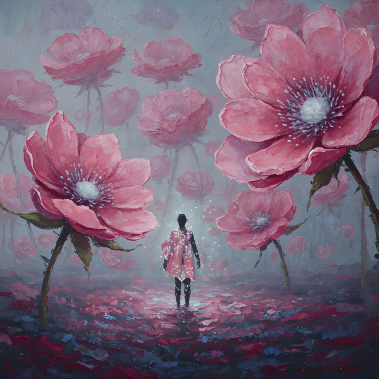 Surreal Floral Dreamscape | Figurative Fantasy Digital Painting | Pink Bloom Wall Art For Interiors (PRT-16843-114423) - Canvas Art Print - 36in X 36in