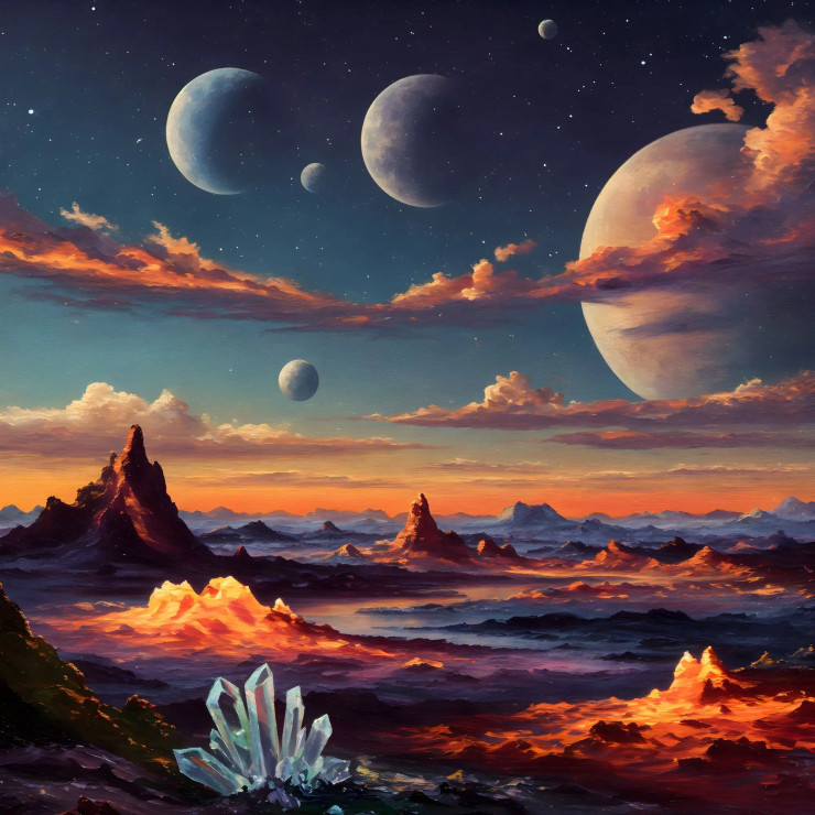 Stunning Cosmic Landscape Art | Planetary View Painting | Sci-Fi World With Crystals | Space Decor (PRT-16843-114443) - Canvas Art Print - 36in X 36in
