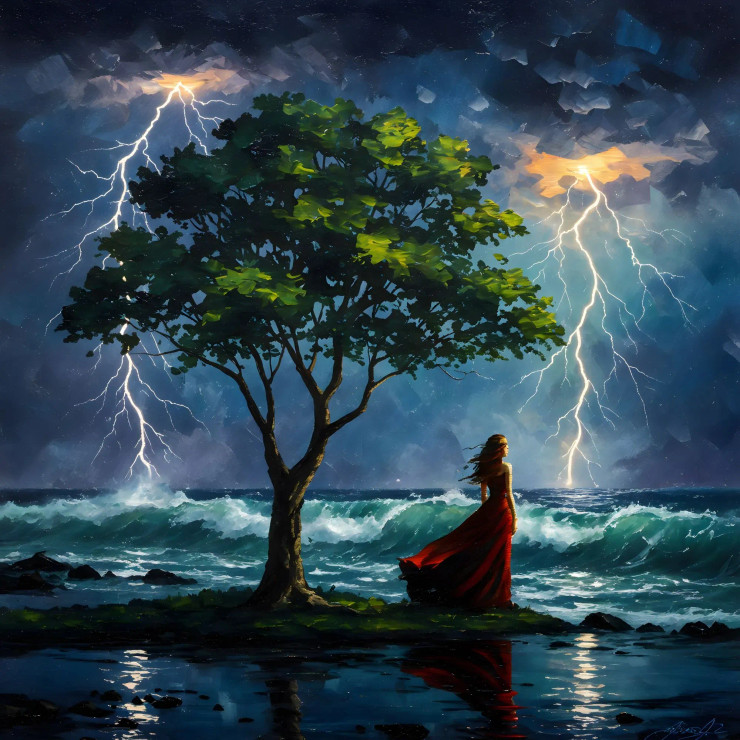 Woman In Red Dress By Ocean | Lightning Storm Landscape Art | Nature Painting | Emotional Wall Decor (PRT-16843-114431) - Canvas Art Print - 36in X 36in