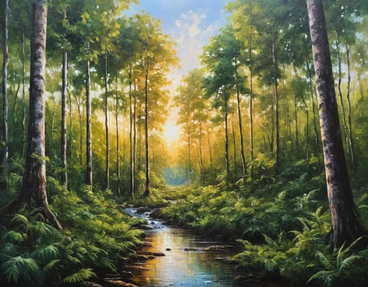 Sunrise In The Dense Forest (ART-3319-114533) - Handpainted Art Painting - 48in X 30in
