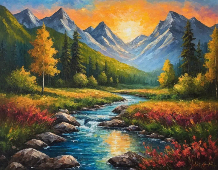 Heaven Of Earth Mountains Sunrise Landscape Painting (ART-3319-114521) - Handpainted Art Painting - 48in X 30in