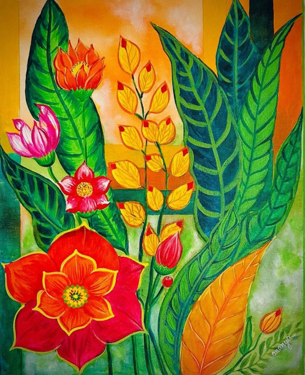 Floral Radiance_ Modern Topical Handmade Painting (ART-7381-114475) - Handpainted Art Painting - 16in X 20in