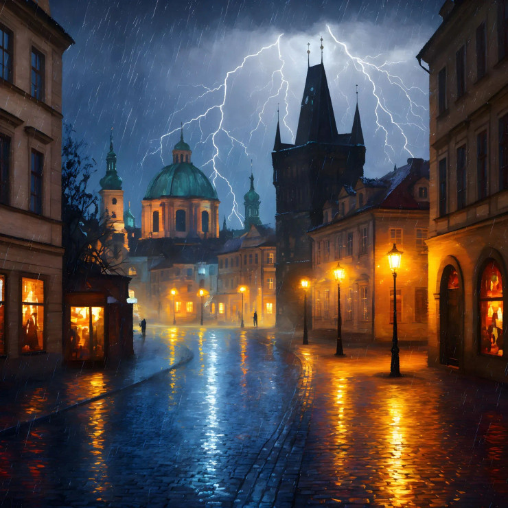 Historic City Lightning Storm Art | Night Street Painting | Urban Landscape Wall Decor | Rainy Scene (PRT-16843-114432) - Canvas Art Print - 36in X 36in