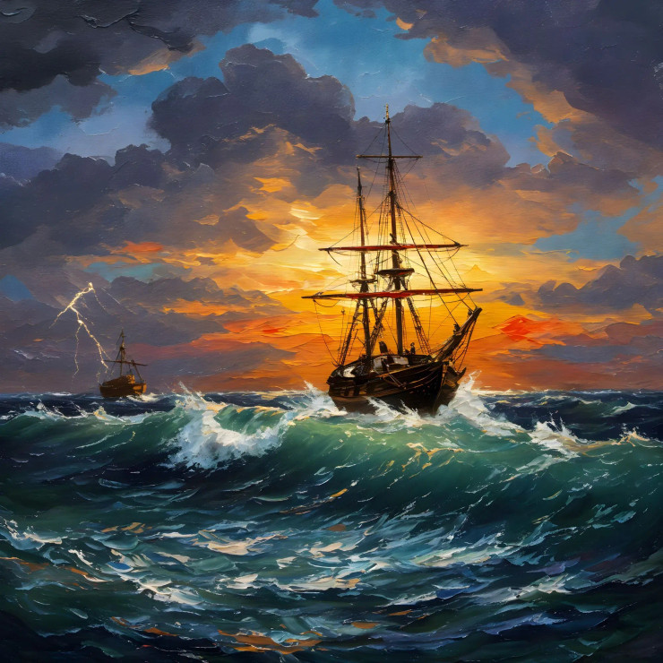 Stormy Ocean Ship Painting | Nautical Seascape Wall Art | Dramatic Sunset Sea Voyage Oil Artwork (PRT-16843-114426) - Canvas Art Print - 36in X 36in