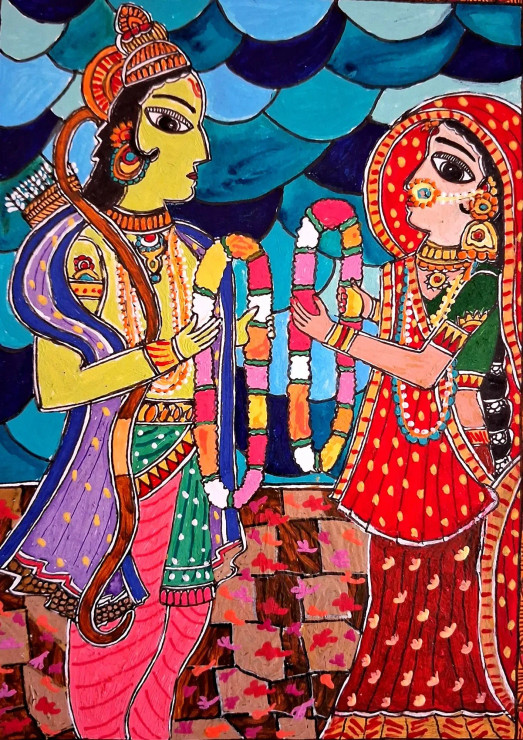 The Rama-Sita Wedding - A Madhubani Perspective (PRT-16319-114289) - Canvas Art Print - 21in X 30in
