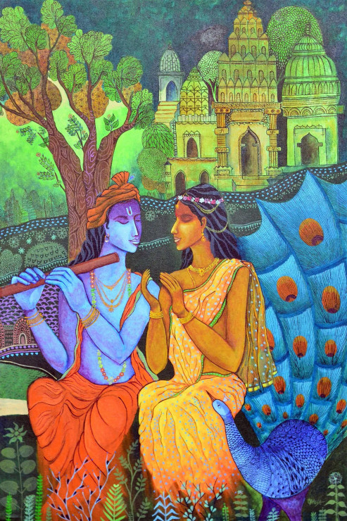 Radha Krishna, Cow & Peacock (K4) Indian Style Religious Painting (ART-15639-114586) - Handpainted Art Painting - 24in X 36in