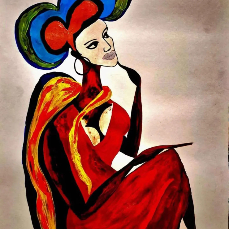 Lady In Red (ART-17426-114547) - Handpainted Art Painting - 13in X 17in