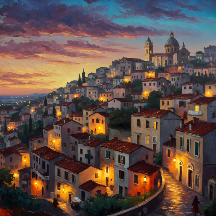 Charming Hilltop Village Art | Sunset Landscape Painting | Vibrant Urban Scene | Magical Decor (PRT-16843-114442) - Canvas Art Print - 36in X 36in