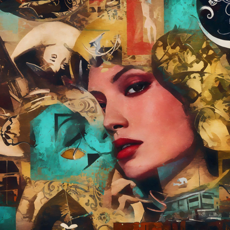 Surreal Woman Portrait Wall Art | Abstract Mixed Media Face Painting | Bold Figurative Modern Art (PRT-16843-114427) - Canvas Art Print - 36in X 36in