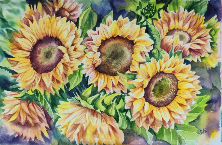 Sunflower (ART-8423-114613) - Handpainted Art Painting - 22in X 15in
