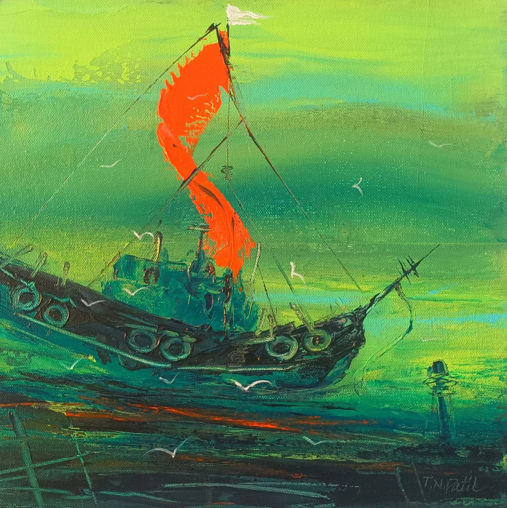 Sea And Ship  07 (ART-17249-114640) - Handpainted Art Painting - 12in X 14in
