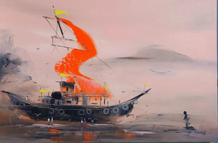 Sea And Ship . 02 (ART-17249-114638) - Handpainted Art Painting - 36in X 24in