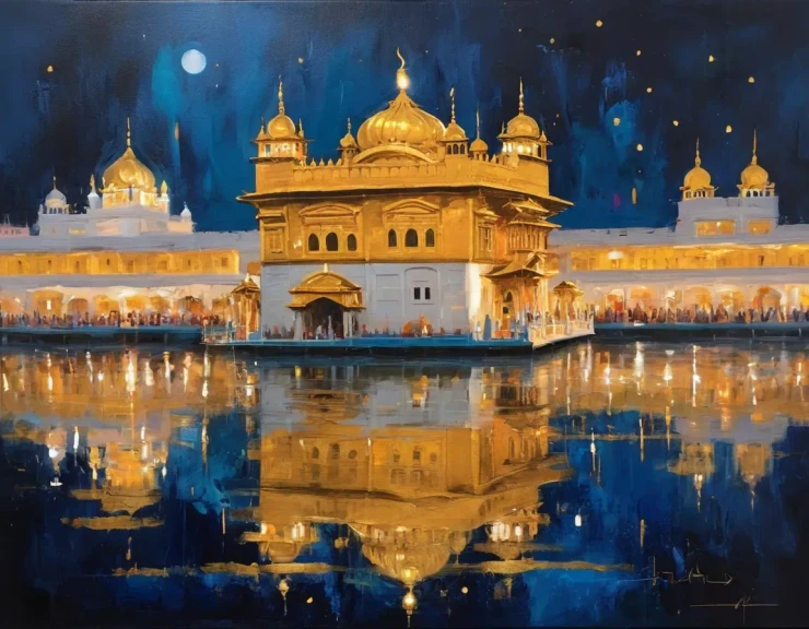 Golden Temple Painting In Night View (ART-3319-108223) - Handpainted Art Painting - 40in X 30in