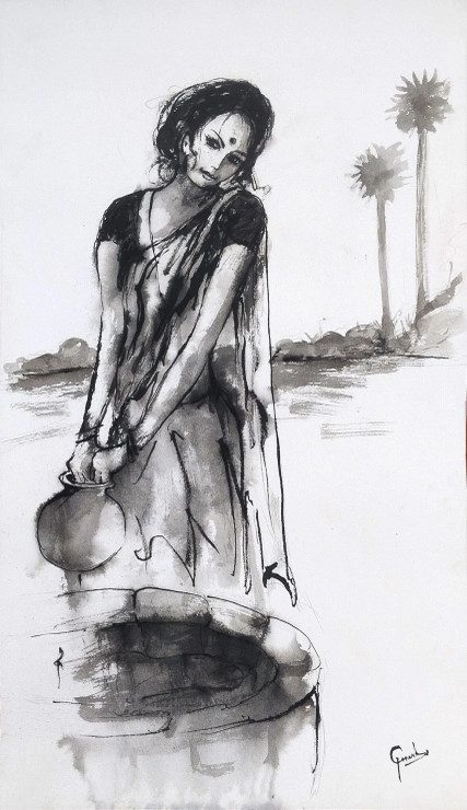 INDIAN LADY - M 100 (ART-6373-114723) - Handpainted Art Painting - 16in X 28in