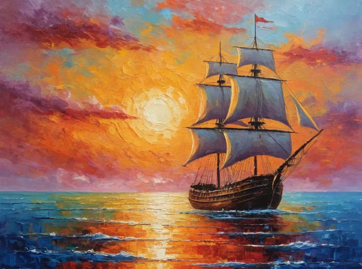 Sunset View Of Ocean With Ship  Landscape Paintings (ART-3319-114831) - Handpainted Art Painting - 36in X 30in
